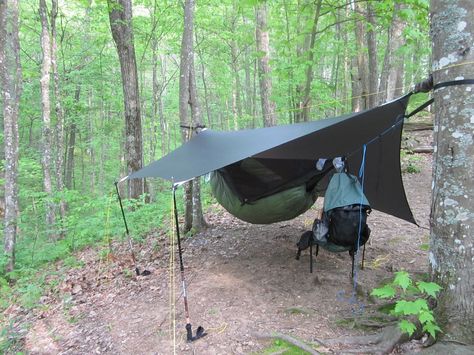 hammock setup with DIY tarp set up | Flickr - Photo Sharing! Nantahala Outdoor Center, 1000 Lifehacks, Backpacking Tent, Hammock Camping, Camping Survival, Outdoor Survival, Camping Life, Camping Experience, Way To Go