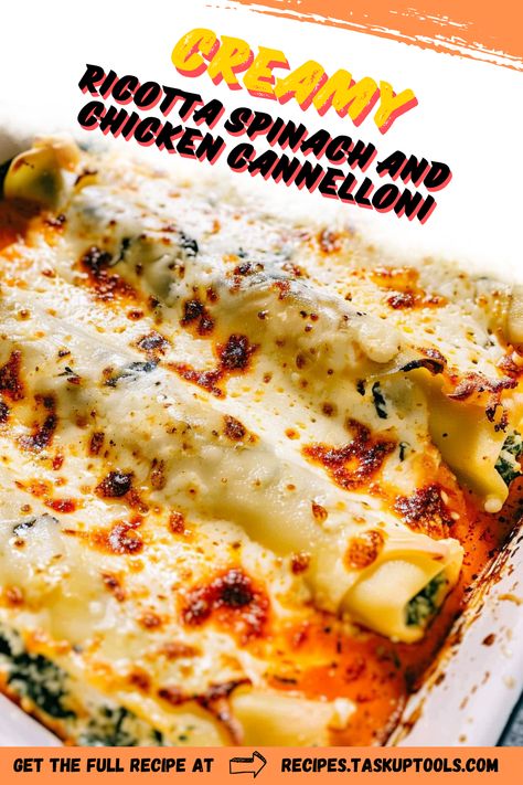 Discover this mouthwatering Creamy Ricotta Spinach and Chicken Cannelloni recipe, perfect for any pasta lover seeking a delicious homemade meal. This dish combines tender chicken, fresh spinach, and rich ricotta cheese, all rolled in tender cannelloni tubes and baked to perfection with a creamy tomato sauce layer. Ideal for family dinners or special occasions, this recipe promises a delightful fusion of flavors in every bite. Explore step-by-step instructions and tips for creating this comforting and satisfying Italian classic in your own Cannelloni Recipes Italian Sausage, Chicken Cannelloni Recipes, Ricotta Cheese Recipes Dinners, Chicken And Spinach Manicotti, Chicken Cannelloni, Cheese Recipes Dinner, Spinach And Ricotta Cannelloni, Cannelloni Recipe, Spinach Manicotti