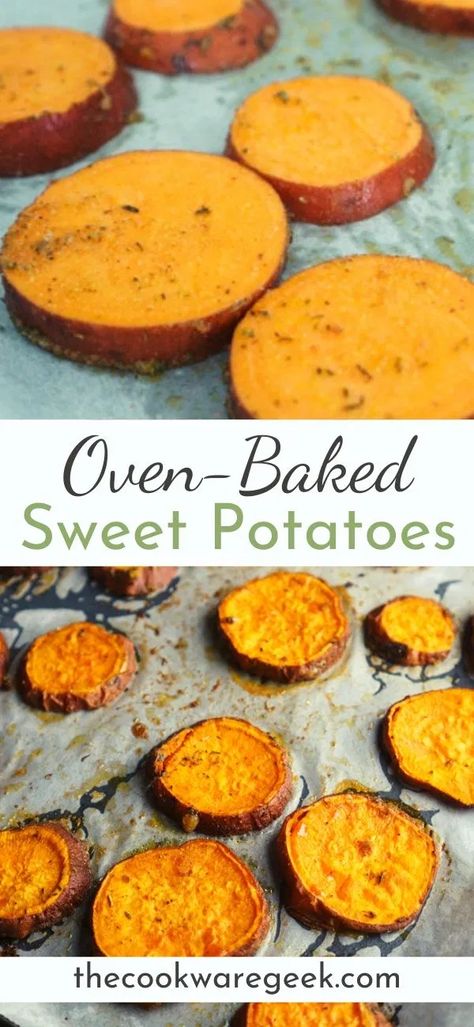 Oven-baked sweet potato slices. Easy, healthy and delicious side dish recipe that only needs 2 ingredients + 4 seasonings. Crispy outside and tender and yummy on the inside. Check how to make these roasted sweet potato rounds in your home!!! #sweetpotatorecipes #sidedish #healthyrecipe Baked Sweet Potato Oven, Roasted Sweet Potato Slices, Baked Sweet Potato Slices, Sweet Potato Oven, Oven Roasted Sweet Potatoes, Sweet Potato Recipes Baked, Potato Slices, Baked Sweet Potatoes, Sweet Potato Slices