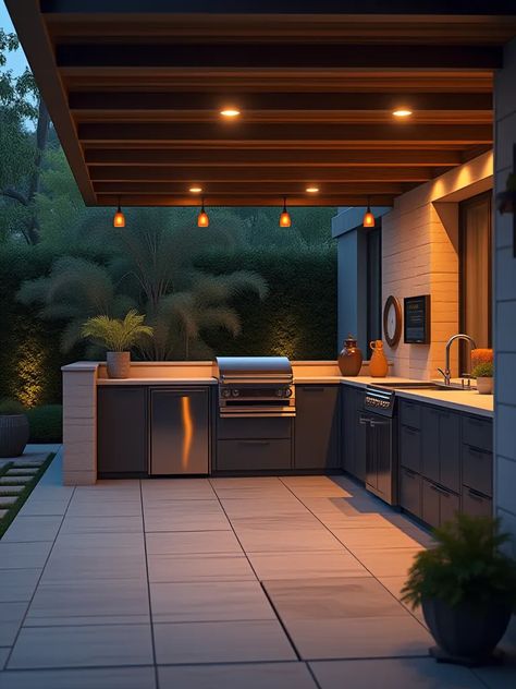 Elegant outdoor kitchen setup with high end appliances at dusk Outdoor Kitchen Setup, High End Appliances, Kitchen Setup, Work Triangle, Indoor Outdoor Kitchen, Outdoor Kitchen Appliances, Patio Kitchen, Outdoor Kitchen Patio, Kitchen Stove