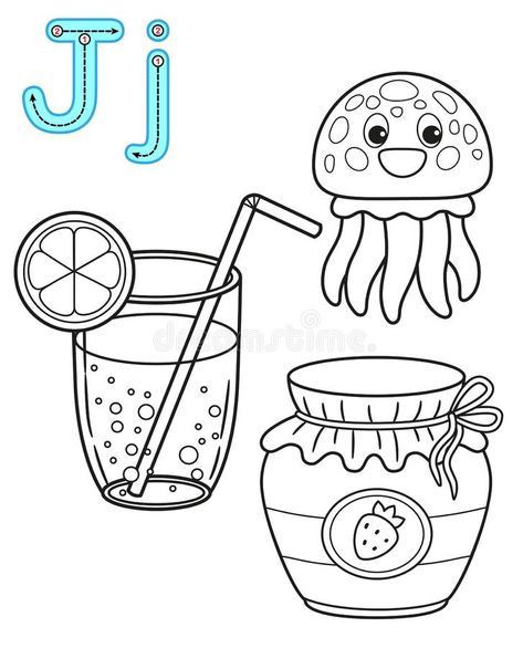 Printable coloring page for kindergarten and preschool. Card for study English. Vector coloring book alphabet. Letter J. juice,. Jellyfish, jam royalty free illustration J Coloring Pages, Kindergarten Coloring Sheets, Inspirational Letter, Easter Coloring Sheets, Lovely Letter, Blank Coloring Pages, Kindergarten Colors, People Coloring Pages, Kindergarten Letters