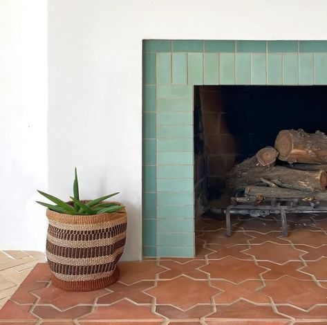 Unique Bathroom and Kitchen tile inspiration Bohemian Tile Fireplace, Zia Tile Fireplace, Zia Tile Kitchen, Terracotta Fireplace Tile, Spanish Tile Fireplace, Fireplace Makeover Tile, Green Tile Fireplace, Tulum Design, Spanish Style Fireplace