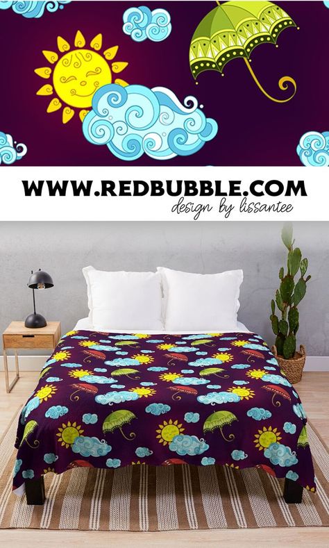 Shop Throw blanket with Fairytale Weather Print by Irina Krivoruchko © All Rights Reserved on demand Redbubble stylish aesthetic decor home textile bedroom polyester fleece machine wash plaid small medium large cozy on couch bed living room design artwork art ideas summer sun umbrella cloud forecast ornament pattern ornate swirl curl decorative doodle cartoon vintage kids funny cute dark background Weather Print, Bed Living Room, Cartoon Vintage, Doodle Cartoon, Ornament Pattern, Kids Funny, Aesthetic Decor, Vintage Kids, Living Room Design