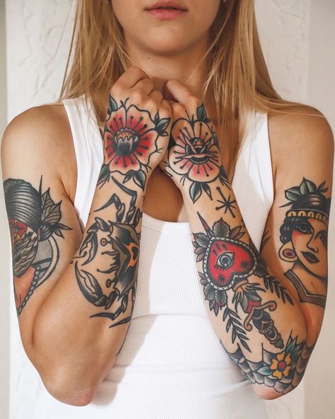 Fem Traditional Tattoo, Traditional Tattoo Arm Sleeve Women, Feminine American Traditional Sleeve, Traditional Forearm Tattoos For Women, American Traditional Sleeve Woman, Traditional Tattoo Sleeve Women, Traditional Flower Tattoo Sleeve, Traditional Flowers Tattoo, American Traditional Flowers