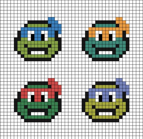 A small-ish pixel art template of the 4 Teenage Mutant Ninja Turtles' faces from around 2003. Teenage Mutant Ninja Turtles Cross Stitch, Teenage Mutant Ninja Turtles Perler Bead, Teenage Mutant Ninja Turtles Pixel Art, Ninja Turtle Pixel Art, Tmnt Pixel Art Grid, Tmnt Perler Bead Patterns, Ninja Turtle Perler Bead Pattern, Tmnt Cross Stitch, Ninja Turtles Perler Beads