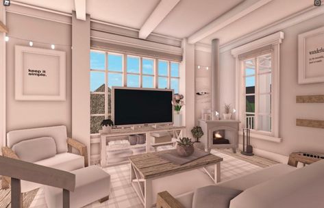 White Bloxburg Living Room, Bloxburg Aesthetic Living Room Ideas, Living Room Bloxburg Aesthetic, Bloxburg Tv Room Ideas, Fancy Bloxburg Living Room, Big Bloxburg Bedroom, Roblox Bloxburg House Ideas Living Room, Bloc Burg Living Room, Bloxburg Kicken Ideas