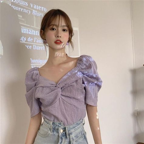 Purple Vintage Crop Top | Etsy Puff Sleeves Blouse, Blouse Purple, Look Short, Puff Sleeve Crop Top, Vintage Crop Tops, Sleeves Blouse, Y2k Clothes, Elegant Shirt, Short Sleeve Blouse