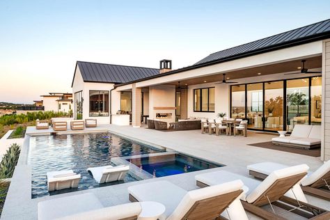 Contemporary Ranch Home, House With A Pool, Modern Ranch House, Gable House, Farmhouse Architecture, Bungalow Style House Plans, Rural House, Modern Ranch, Farmhouse Style House Plans