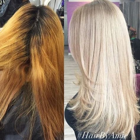 Copper To Blonde Transformation, Neutral Blondes, Orange To Blonde Hair, Dimensional Copper, Cool Blonde Tone, Highlight Colors, Blond Hairstyle, Color Correction Hair, Platinum Highlights