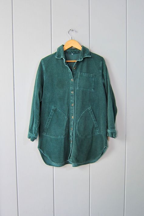 80s Green Corduroy Jacket | Button Up Cord Shirt Coat | Long Corduroy Button Down Fall Jacket | Unisex Chore Corduroy Jacket with Pockets Cord Shirt, Green Corduroy, Jacket With Pockets, Fall Jackets, Corduroy Jacket, Jacket Buttons, Long Coat, Favorite Outfit, Art Collection