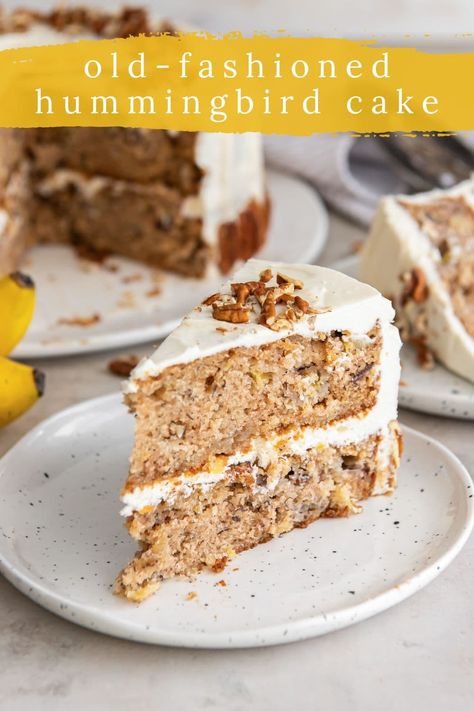 Topped with a luscious cream cheese frosting, old-fashioned hummingbird cake is made with bananas, pineapple, pecans and cinnamon. Hummingbird Cake Recipes, Cream Cheese Frosting Cake, Bird Cake, Lemon Curd Filling, Hummingbird Cake, Make Cream Cheese, Bird Cakes, Cinnamon Banana, Humming Bird