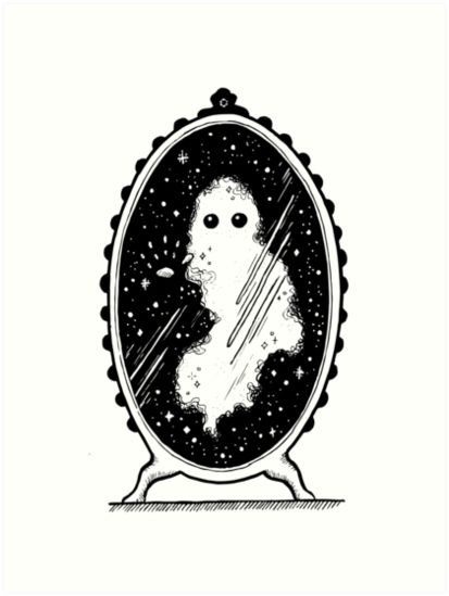 Hand-drawn, dotted and pen illustrated galaxy-themed fantasy drawing of a ghost looking through a mirror reflection for the yearly #inktober challenge. • Millions of unique designs by independent artists. Find your thing. Ghost In A Mirror Drawing, Standing In Front Of Mirror Drawing, Ghost Mirror, Reflection Tattoo, Mirror Drawing, Locket Tattoos, Mirror Tattoos, Inktober Challenge, Mirror Illustration