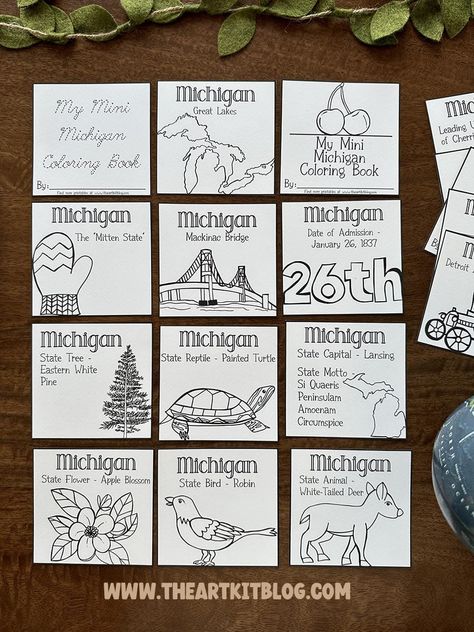 Mini Michigan 50 States Coloring Pages {FREE Printable!} Michigan Coloring Pages, Michigan Activities, Michigan Made Products, Mini Coloring Book, Michigan Crafts, Geography For Kids, Teacher Board, Bookmark Printing, Historical Museum