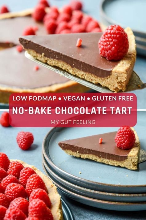 Low FODMAP no-bake chocolate tart, also vegan and gluten-free. Oats crust filled with chocolate ganache. Easy, healthy, ready in 15 minutes! Peanut Butter Crust, Fodmap Desserts, Tart Vegan, Fodmap Friendly Recipes, Coconut Oil Chocolate, Fructose Free, Chocolate Ganache Filling, Fodmap Friendly, Low Fodmap Recipes