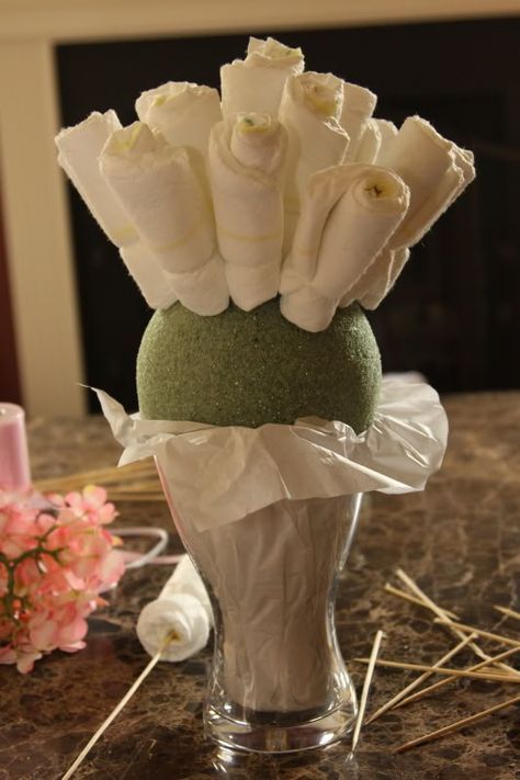 description from likemomandapplepie Diaper Bouquet Tutorial, Baby Shower Bouquet, Diaper Bouquet, Bebe Shower, Diaper Wreath, Idee Babyshower, Baby Shower Items, Baby Shower Baskets