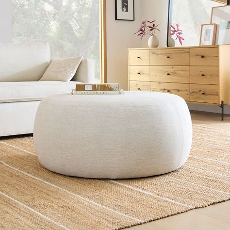 Ottomans & Footstools | West Elm Large Round Storage Ottoman, Modern Ottomans, Round Ottoman Coffee Table, Large Round Ottoman, Beige Ottoman, Purple Room, Stylish Ottomans, Parisian Interior, Small Ottoman