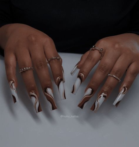 Hand Drawn Design Acrylic Nails, Simple Fall Nails Long, Earth Tone French Tip Nails, Dark Skinned Nails, Light Brown And White Nails, Tan And Black Nails Design, Tan Acrylics, Fall Overlay Nails, Fall Nail Designs Black Women