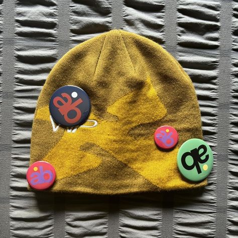 beanie with pins,  don’t remember the brand ngl
one... - Depop Beanie With Pins, Beanie Mockup, Clothing Mockup, Button Pins, Photo Inspo, One Size Fits All, Mockup, Pins, Quick Saves