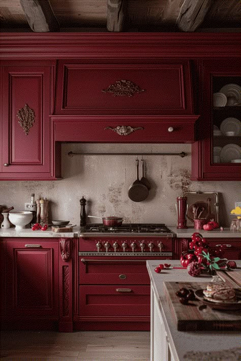 maroon red kitchen Kitchen Cabinets Burgandy, Red Stove Kitchen, Red Stained Kitchen Cabinets, Red Stove In Kitchen, Dark Burgundy Kitchen Cabinets, Red Aesthetic Kitchen, Deep Red Kitchen, Jewel Tone Kitchen, Butter Yellow Walls