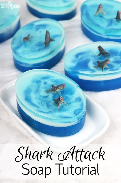 Shark Attack Soap Tutorial /// Learn how to create these adorable shark soaps! Savon Diy, Soap Melt And Pour, Soap Tutorial, Soap Craft, Homemade Lotion, Homemade Soap Recipes, Ocean Crafts, Homemade Bath Products, Homemade Soap