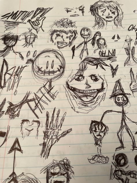 Just random doodles i did during zoom class Notebook Doodles Grunge Easy, Bored In Class Doodles, Scary Doodles, Doodle Pages Grunge, Wierdcore Grunge Drawings, Doodle Pages Sketchbooks Grunge, Vent Book, Random Doodles, Weird Drawings