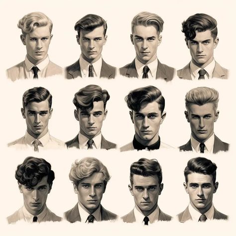 Hairstyles For Men Drawing Reference, 20s Male Hairstyles, Victorian Mens Hairstyles, 1950s Male Hairstyles, 1920s Haircuts Men, 1920s Male Hairstyles, Old Hollywood Mens Hair, 60s Men Hairstyles, 1900s Hairstyles Men