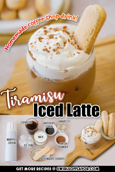 Everyone loves an iced latte on a warm summer day. Make it a flavored Tiramisu Iced Latte topped with whipped cream, cocoa powder and a ladyfingers cookie and your summer just got delicious! An easy coffeehouse recipe to make at home! Summer Latte Ideas, Tiramisu Latte Recipes, Fall Iced Latte Recipes, Iced Latte Flavor Ideas, At Home Iced Latte Recipes, Tiramisu Drink, Lush Recipes, Fun Party Drinks, Lady Finger Cookies