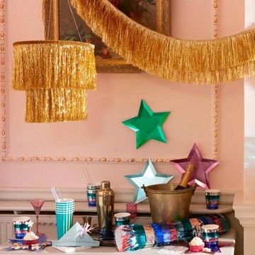 THE NOEL COLLECTION Tinsel Colorful Lights, Tinsel Fringe Chandelier, Tinsel Chandelier, Nye Party Decorations, Christmas Chandelier, Chandelier Decorations, Tinsel Christmas, Kids Dining, Gold Foil Design