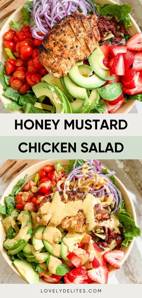 Honey Mustard Chicken Salad is refreshing, sweet and savory all at the same time. Summer salad with chicken breasts, strawberries, avocado and a homemade honey mustard dressing. Using leftover chicken makes this salad incredibly quick and easy. Cold Corn Salad, Homemade Honey Mustard Dressing, Honey Mustard Chicken Salad, Using Leftover Chicken, Mustard Chicken Salad, Honey Mustard Salad, Fried Chicken Salads, Homemade Honey Mustard, Salad With Chicken