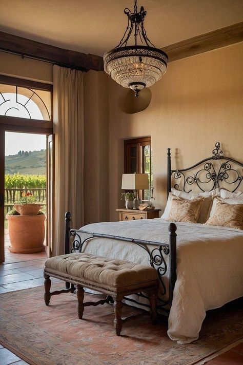 Bedroom Ideas Italian Style, Hacienda Style Bedroom Master Suite, Hacienda Bedroom Mexican Style, Modern Tuscan Bedroom, Italian Bedroom Tuscan Style, Modern Spanish Bedroom, Tuscan Bedroom Ideas, Tuscan Farmhouse Decor, Italian Villa Bedroom