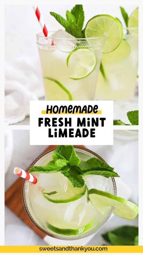 Let's make Mint Limeade AKA Virgin Mojitos! This homemade limeade recipe is kissed with fresh mint & tastes amazing. It's the perfect non-alcoholic drink for a celebration! (like drinking a virgin mojito!) Mint Limeade Recipe, Homemade Limeade, Mint Drink Recipe, Mint Limeade, Non Alcoholic Mojito, Limeade Recipe, Alcoholic Punch Recipes, Frozen Limeade, Mint Drink