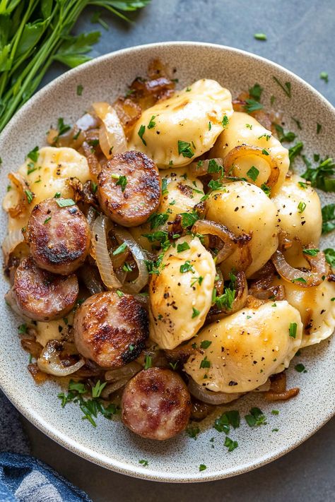 Classic Perogies and Sausage Skillet - An Organized Chaos Perogies And Sausage Skillet, Perogies And Sausage, Frozen Pierogies, Sausage Skillet, Cranberry Pistachio, Pot Pies Recipes, Pasta Sauces, Sauteed Veggies, How To Make Sausage