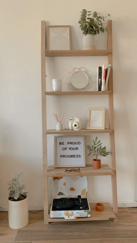 Bedroom With Ladder Shelf, Ladder Shelf Styling Bedrooms, Shelf Nick Nacks, Ladder Shelf Office, Style A Ladder Shelf, Tall Shelf Decor Bedroom, Shelf Astethic, Book Shelf Ideas Bedroom Aesthetic, Ladder Shelf Decor Bedroom Aesthetic