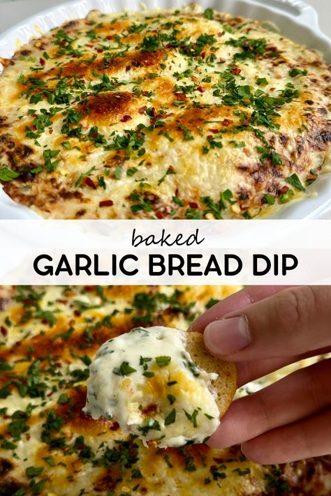 This cheesy baked garlic bread dip is loaded with roasted garlic and creamy cheeses- all the delicious flavors of garlic bread baked into a crowd-pleasing dip! Any recipe that begins with roasting garlic and shallots is guaranteed to be a hit and I love having simple recipes like this in my back pocket for when I need something quick and easy for an appetizer or snack! Sourdough Bread And Dip, Three Cheese Dip Recipes, Sourdough Bread Dip Recipe, Best Baked Dips, Bread Dip Board, Baked Garlic Dip, Baked Cheese Recipes Appetizers, Garlic Bread Appetizer Appetizers, Easy Baked Appetizers