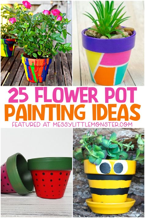 Preschool Flower Pot Crafts, Kids Flower Pot Painting, Kid Painted Flower Pot, Easy Clay Pot Painting Ideas, Flower Pot Painting Party, Handmade Flower Pot Diy Crafts, Decorating Terracotta Pots Ideas, Kids Painted Flower Pots, Garden Pot Painting Ideas