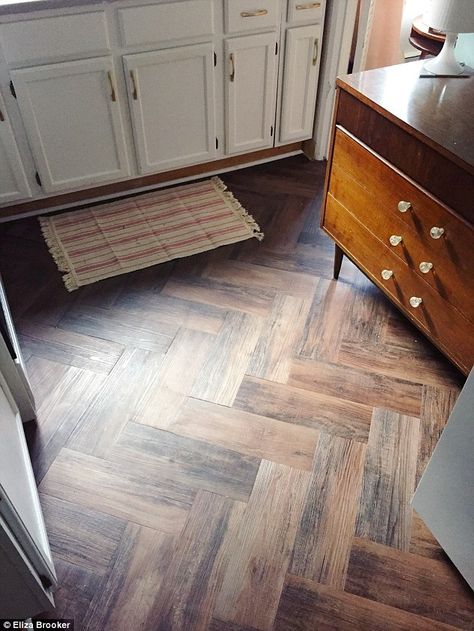 Rental Kitchen Makeover, Temporary Flooring, Floor Makeover, Peel And Stick Wood, Stick Wood, Rental Kitchen, Herringbone Wood Floor, Herringbone Floor, Updating House