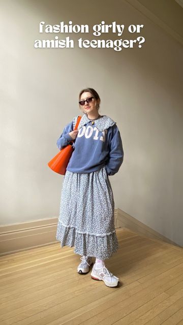 Kate | phd + personal style on Instagram: "Honestly, it could go either way. 🤷🏼‍♀️ Dress is secondhand bought from an IG pal Thrifted Roots sweater Vintage New Balances @hyergoods bucket bag @crapeyewear sunglasses #scandistyle #comfortablefashion #vintagenewbalance #sneakersanddresses #statementbag #betterleather #personalstyle #prairiedress #rufflecollar #secondhandfirst" New Balance Dress Outfits, New Balance Winter Outfit, Transitional Outfits Winter To Spring, Patchwork Skirt Outfit, Thrift Outfits Ideas, Roots Sweater, Maxi Dress Outfit Fall, New Balances, Look Winter