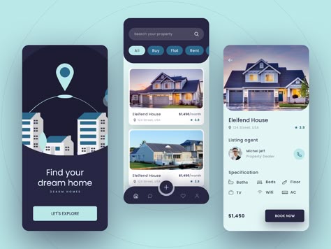 Real Estate Mobile App Ui Design, Real Estate Ui Design, Modern Ui Design, Creative Landing Page Design, Creative App Design, Interface App, App Ui Design Inspiration, School App, Hotel Booking App