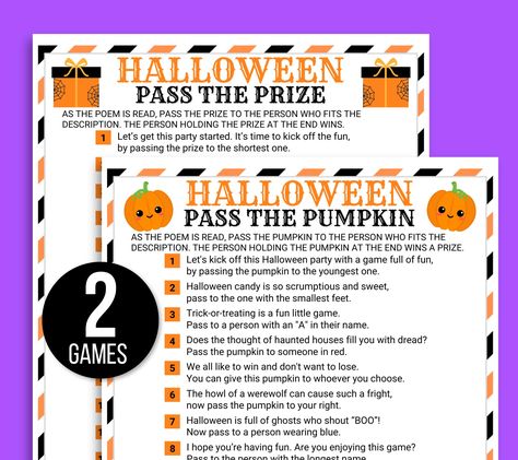 Are you hosting a Halloween party? Are you searching for a fun Halloween party game for your next event? Well, look no further than this Halloween Pass the Pumpkin Game which contains two completely unique pass the pumpkin/pass the prize games with completely different verses. You can play one game and then play the other. You won't find any repeating verses or rhymes, so you can play both games with the same group of players. Pass the Prize Thanksgiving Games: https://proudpracticalprints.etsy. Left Right Halloween Story Game, Prize Games, Pass The Pumpkin, Pass The Prize Game, Pumpkin Game, Pumpkin Poem, Halloween Bingo Game, Halloween Bingo Cards, Halloween Emoji