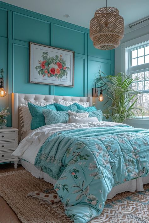 24 Turquoise Bedroom Ideas That Our Editors Love Aqua Turquoise Aesthetic, Turquoise And Gold Bedroom Ideas, Light Teal Bedroom Color Schemes, Cyan Room Ideas, Cyan Room, Turquoise Bedroom Ideas For Adults, Turquoise Bedrooms, Light Teal Bedroom, White And Turquoise Bedroom