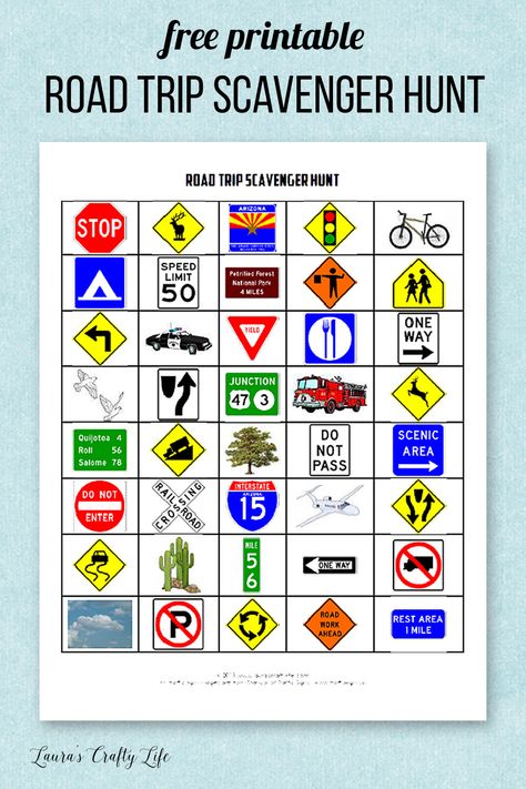 Free printable road trip scavenger hunt printables for kids - makes a great car game! Road Sign Scavenger Hunt, Car Trip Games, Printable Road Trip Games, Road Trip Scavenger Hunt, Kids Travel Games, Road Trip Printables, Printable Road, Cabin Trip, Road Trip Activities