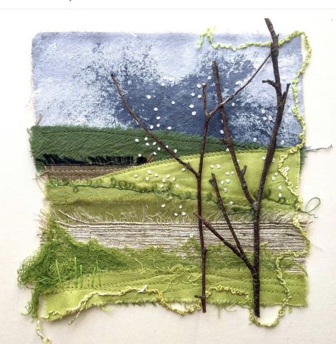 Textile Pictures Inspiration, Fabric Landscape Art, Textile Collage Art, Fabric Collage Ideas, Stitched Landscapes, Fabric Landscape, Fiber Art Collage, Embroidery Artists, Needle Weaving