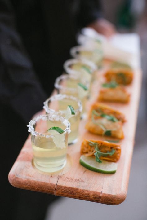 Serve traditional Cinco De Mayo-inspired appetizers with mini margaritas and tacos during the cocktail hour. Mini Margaritas, Taco Bar Wedding, Benefit Ideas, Wanderlust Wedding, Wedding Finger Foods, Ivy Wedding, Mexico Weddings, 37th Birthday, Mexican Appetizers