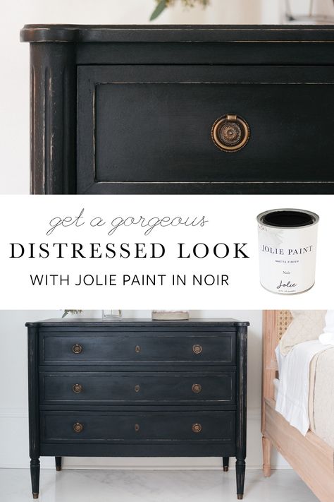 Paint Furniture Black Diy, Chalk Paint Black Dresser, Black Distressed Furniture Diy, Brown Painted Nightstand, Antiqued Black Furniture, Staining Furniture Black, Jolie Chalk Paint Colors, Moody Furniture Paint, Diy Black Furniture Ideas