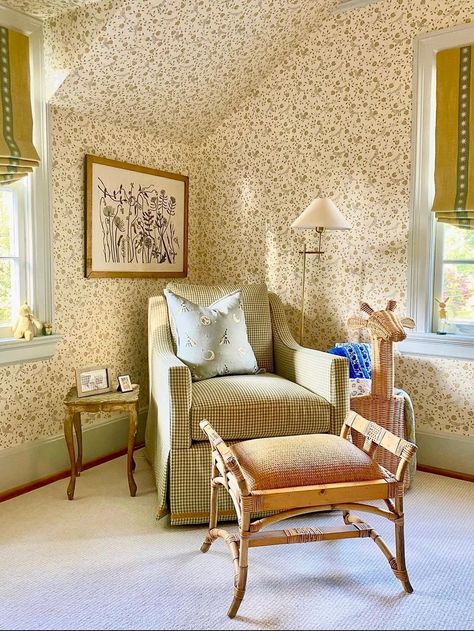 In Our Favorite Yellow Nurseries, It's Eternal Golden Hour | domino Nursery With Wallpaper, Yellow Nursery Girl, Yellow Nursery Ideas, Vintage Nursery Decor, Classic Nursery, Yellow Cottage, Yellow Nursery, Wallpaper Minimalist, With Wallpaper