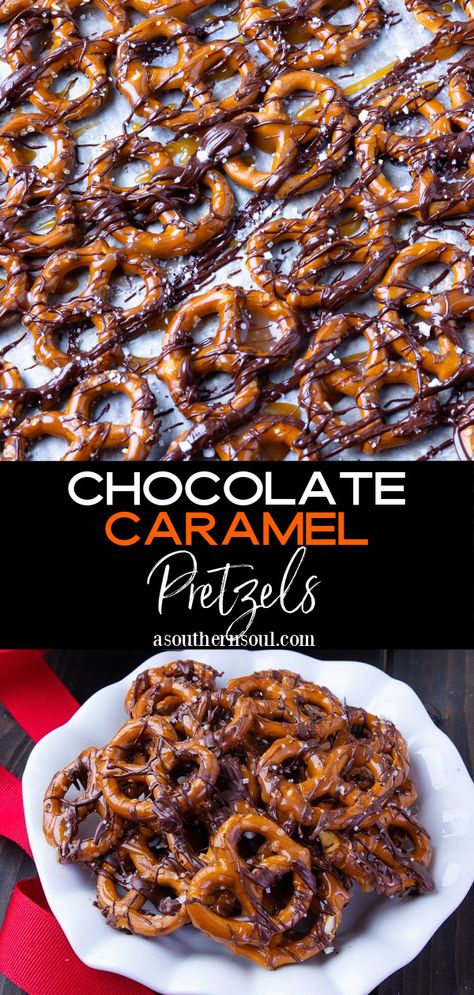 Pretzels drizzled with buttery caramel sauce and rich, dark chocolate are turned into the perfect combination of sweet and salty! Add in a pinch of flakey sea salt and you’ve got a 4-ingredient, no-bake treat that everyone will love. Drizzled Pretzels, A Southern Soul, Chocolate Caramel Pretzels, Snack Smoothie, Caramel Pretzels, Chocolate Pretzels, Delicious Snacks Recipes, Fun Baking Recipes, Chocolate Caramel