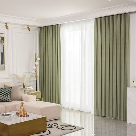 Light Green Curtains, Green Curtains Living Room, Olive Green Curtains, White Sofa Living Room, Bedroom Nordic, Nordic Retro, Color Shading, Herringbone Texture, Blackout Shades