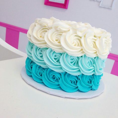 Blue Rosette Cake, Tiffany Blue Wedding Cake, Ombre Rosette Cake, Buttercream Birthday Cake, Blue Birthday Cakes, Rosette Cake, Purple Cakes, Ombre Cake, Mini Cakes Birthday