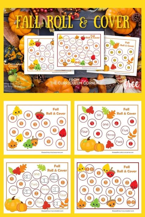 This free fall roll and cover set will help your students practice recognizing the numbers one through ten in various formats. Fall Roll And Cover, Roll And Cover, Free Math Resources, Fall Preschool Activities, Fall Math, Fall Games, Graphing Activities, Fall Preschool, Free Falling