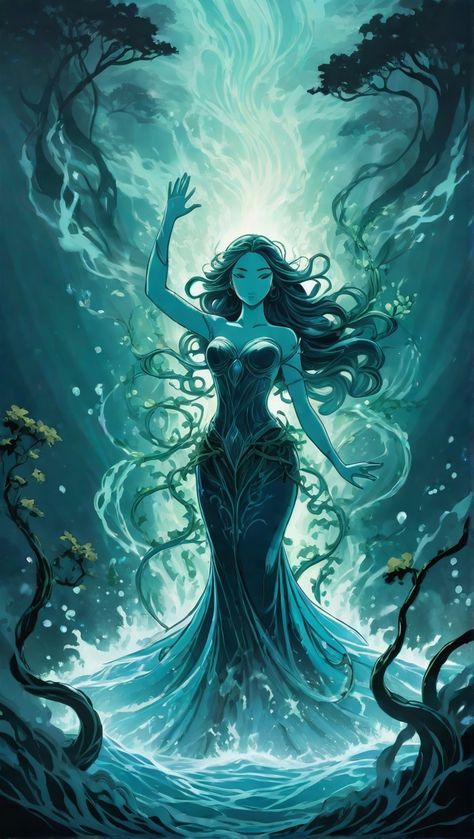 Water Shield Magic, Elemental Goddess Art, Water Armor Female, Water Queen Art, Mermaid Green Aesthetic, Water Spirit Aesthetic, Amphitrite Goddess Art, Water Mage Female, Water Woman Art